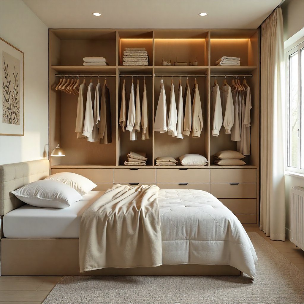 Organized office desk and storage area